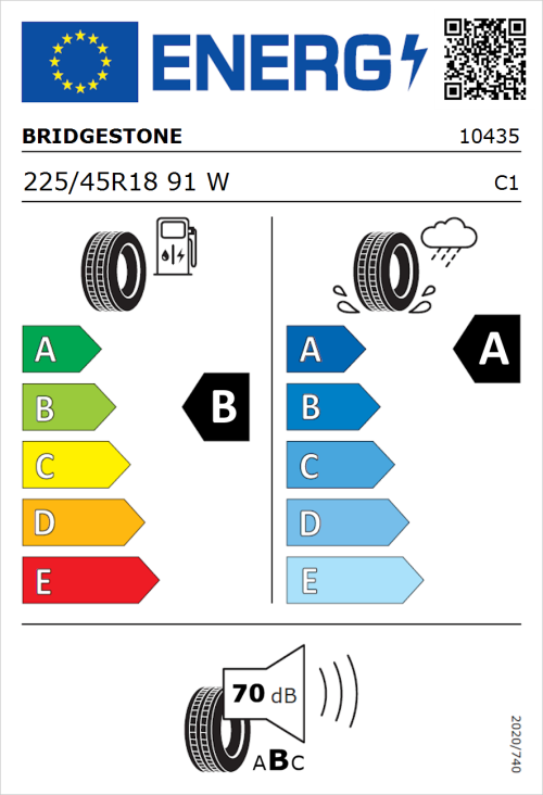Tyre Label for Bridgestone Turanza T005 225/45R18 91W