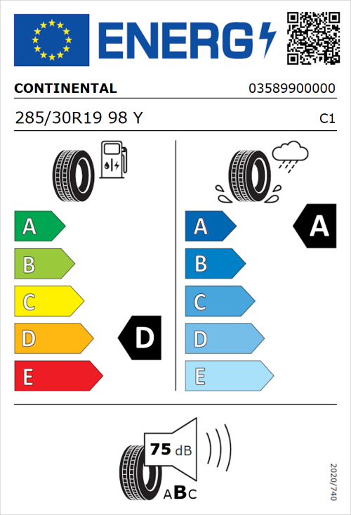 Tyre Label for Continental ContiSportContact 5 P 285/30R19 98Y