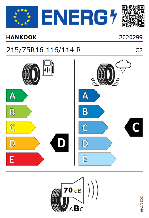 Tyre Label for Hankook Vantra LT RA18 215/75R16 116/114R