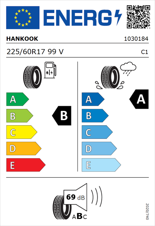 Tyre Label for Hankook Ventus Prime 4 (K135a) SUV 225/60R17 99V