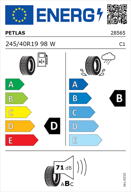 Tyre Label for Petlas Velox Sport PT741 245/40R19 98W