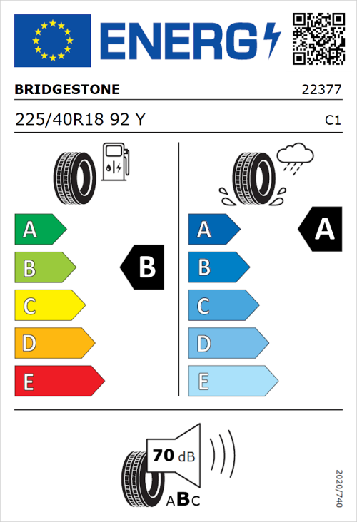 Tyre Label for Bridgestone Turanza 6 225/40R18 92Y