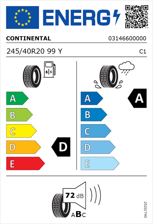 Tyre Label for Continental ContiSportContact 5 P 245/40R20 99Y