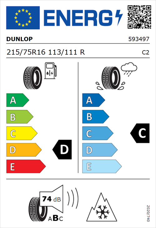 Tyre Label for Dunlop Econodrive A/S 215/75R16 113/111R
