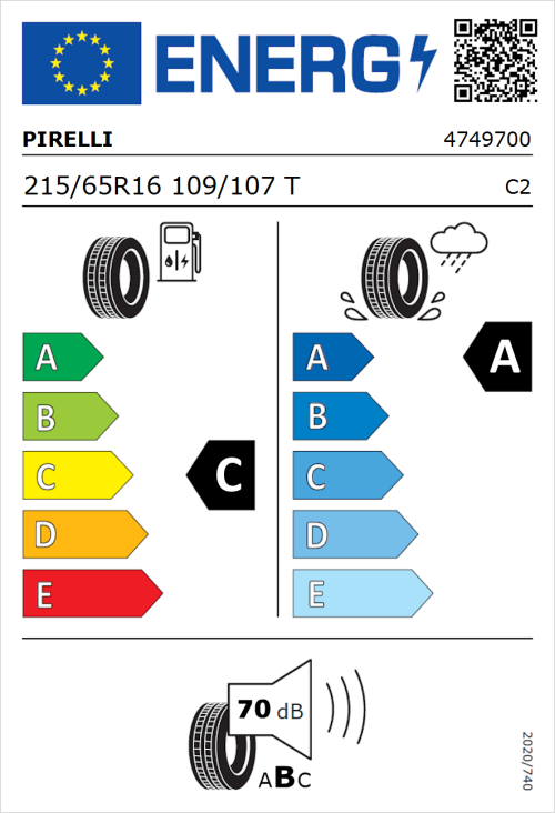 Tyre Label for Pirelli Carrier 215/65R16 109/107T