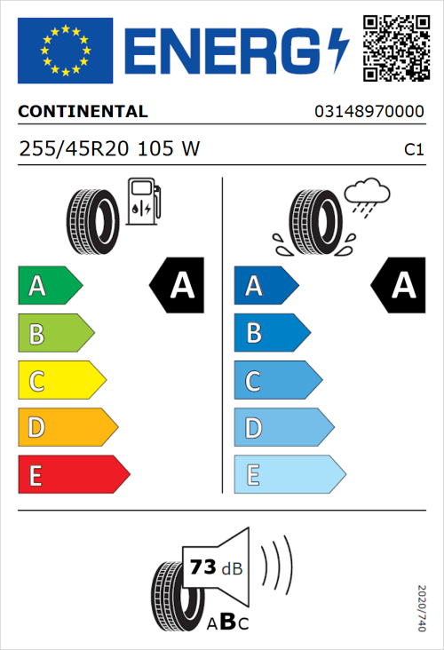 Tyre Label for Continental EcoContact 6Q 255/45R20 105W