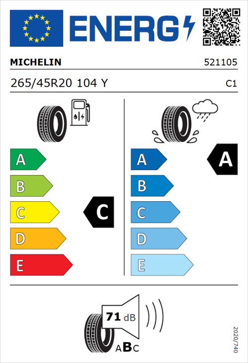 Tyre Label for Michelin Latitude Sport 3 265/45R20 104Y