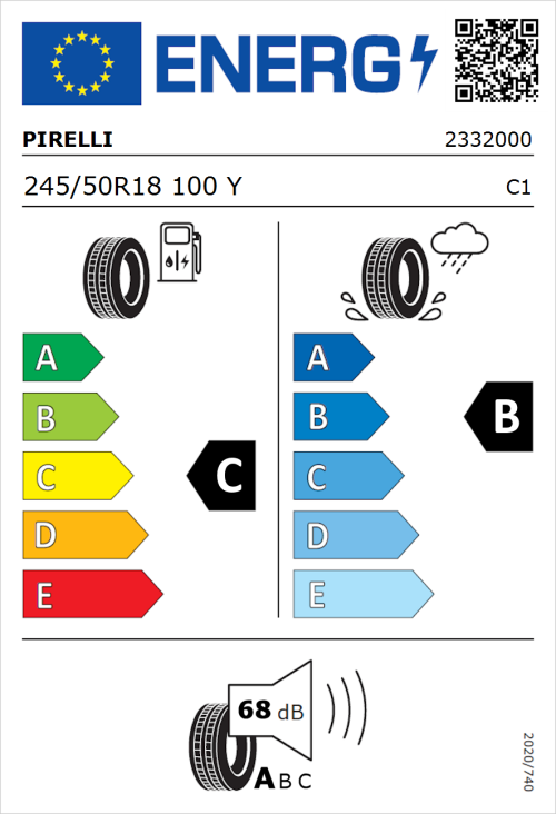 Tyre Label for Pirelli Cinturato P7 Run Flat 245/50R18 100Y