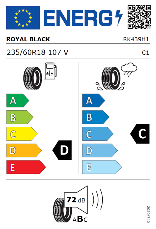 Tyre Label for Royal Black Performance 235/60R18 107V